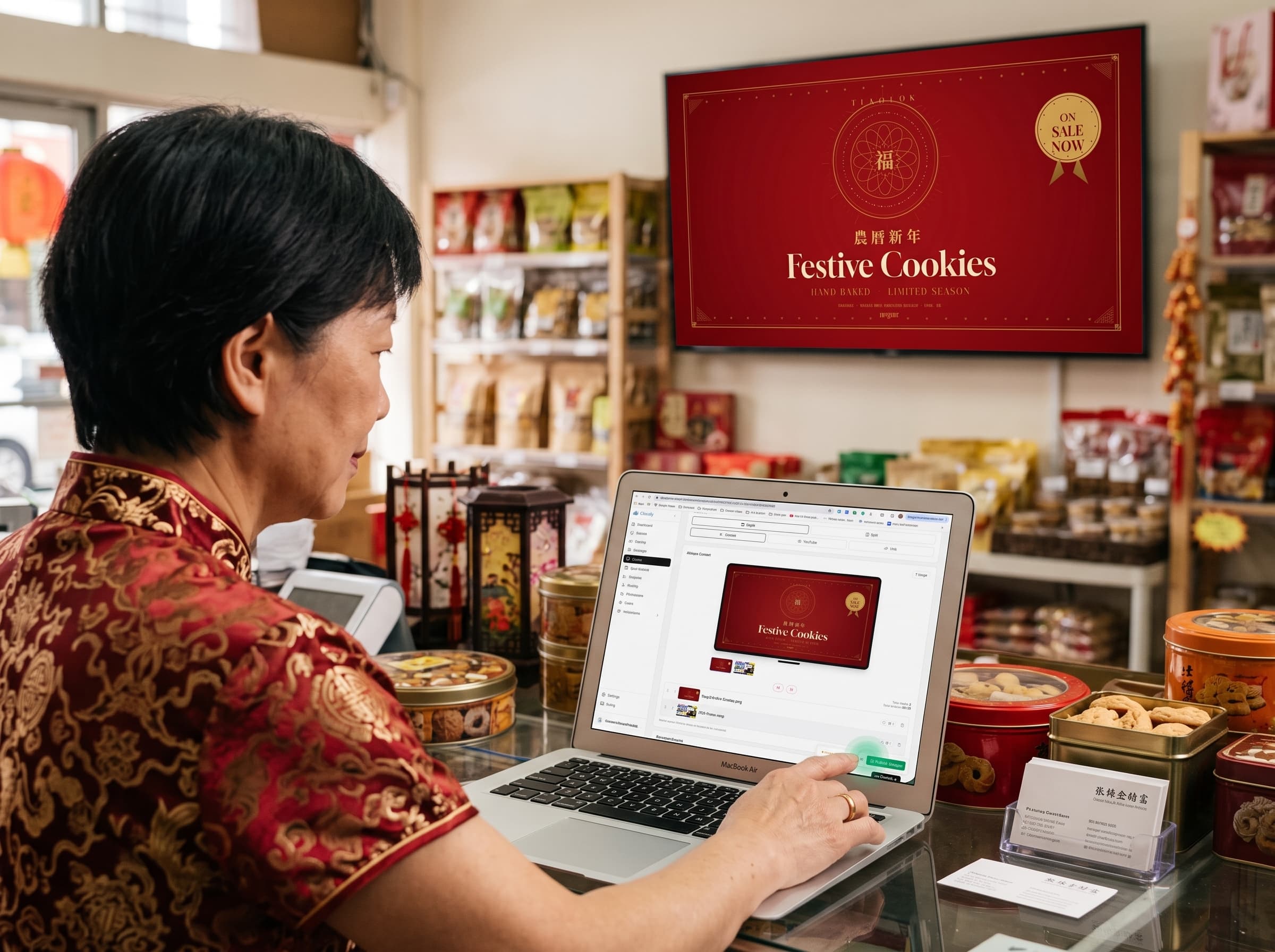 Shop owner tapping publish on a phone while the screen behind them changes.