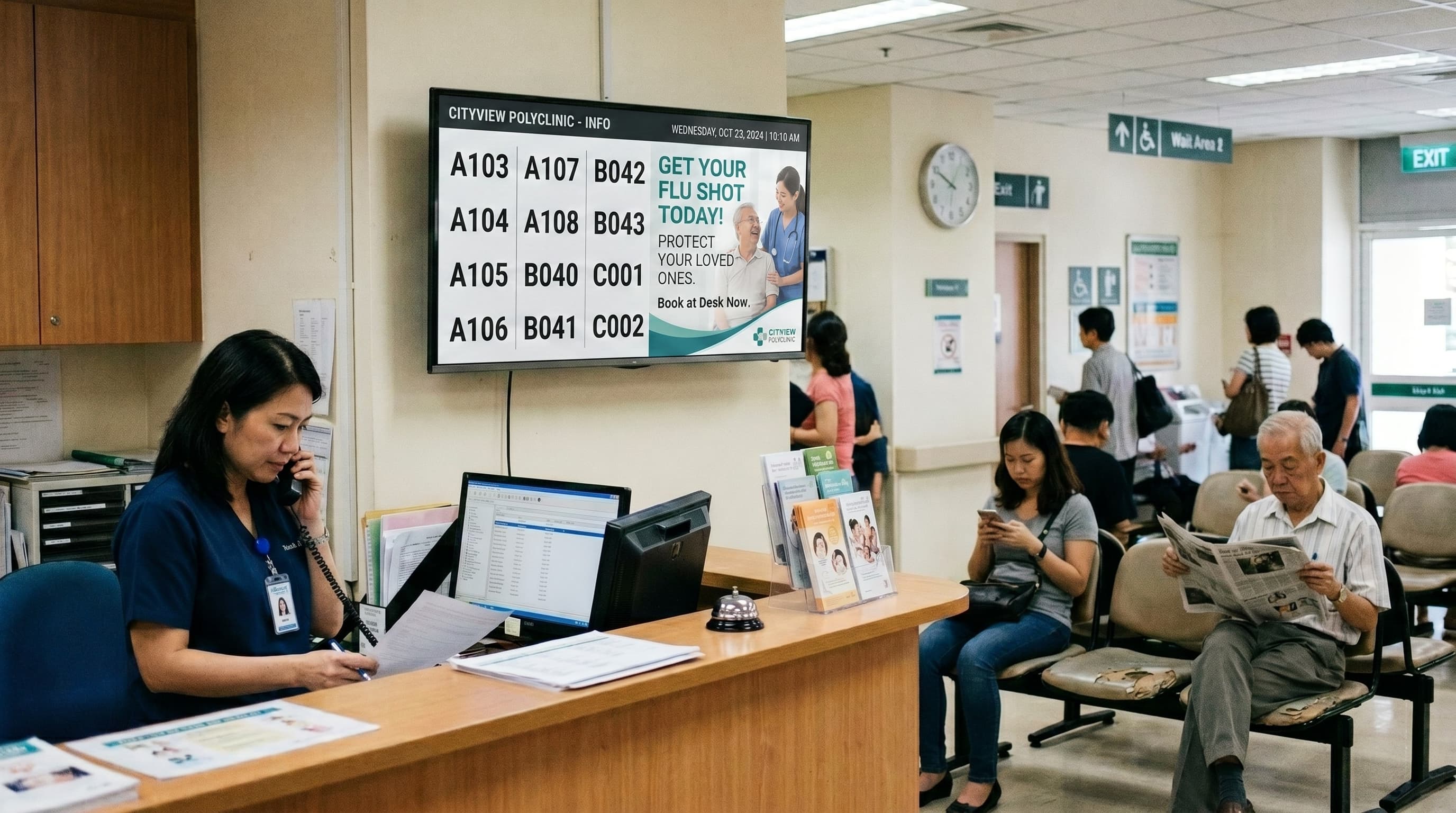 A gym or clinic reception screen showing class times / queue info.
