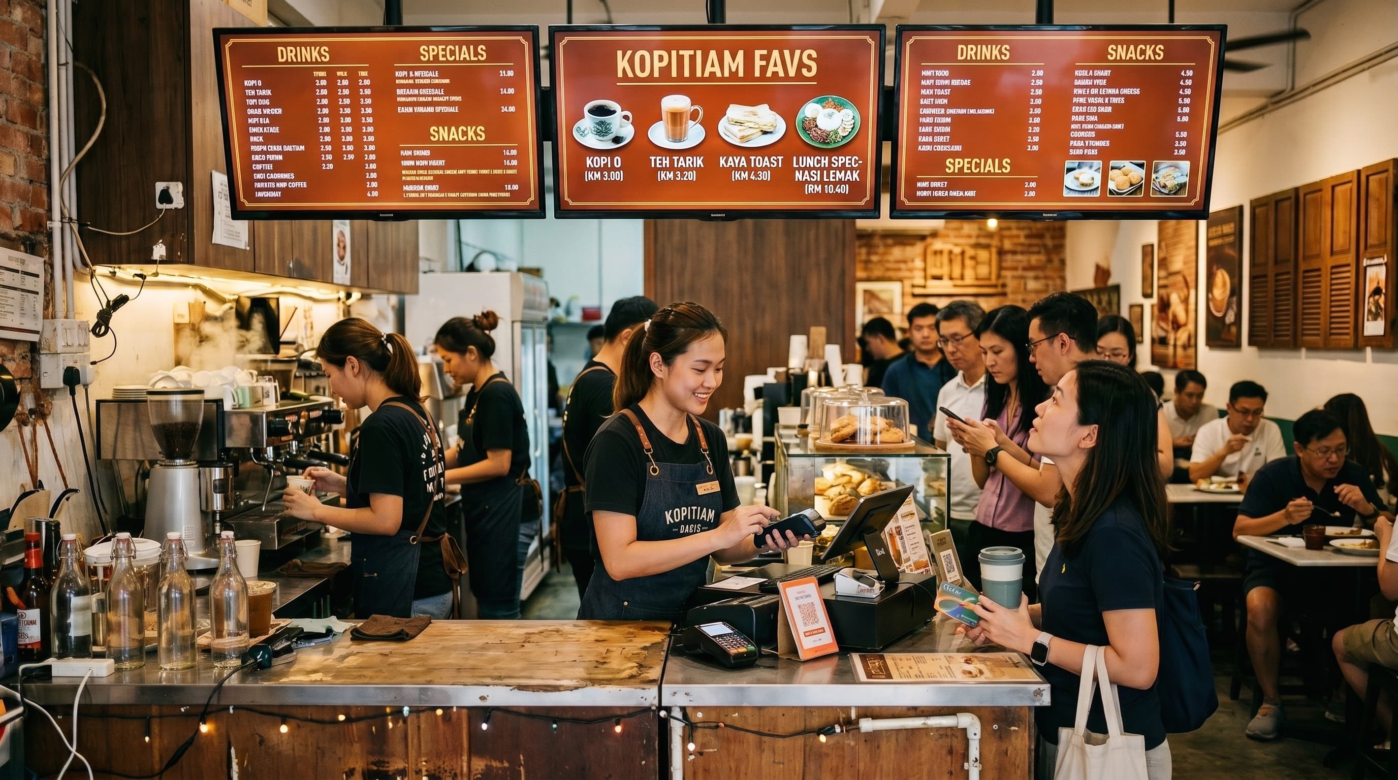 A busy café counter, digital menu board glowing overhead. Warm, real, lived-in.