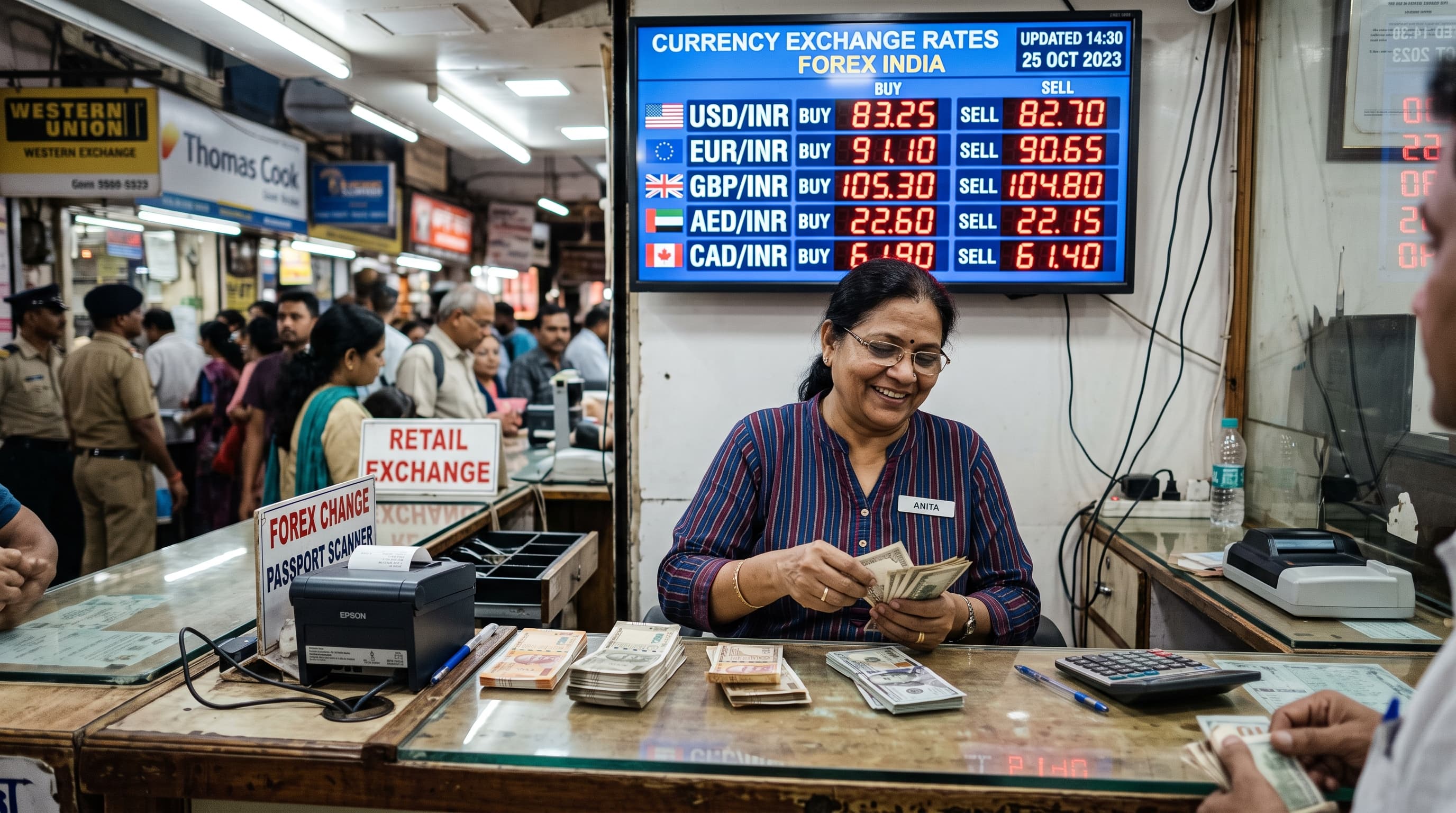 A money-changer counter with a bright FX rate board above the teller.