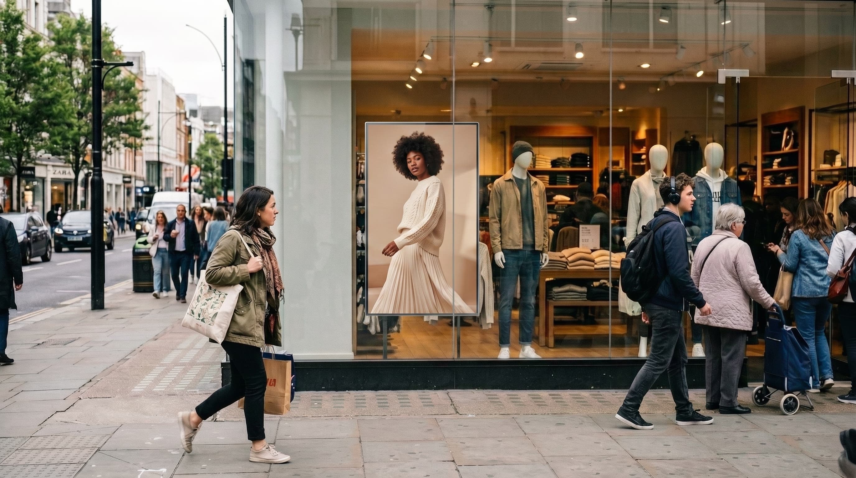 A shop window screen showing a flash sale, shoppers walking past.