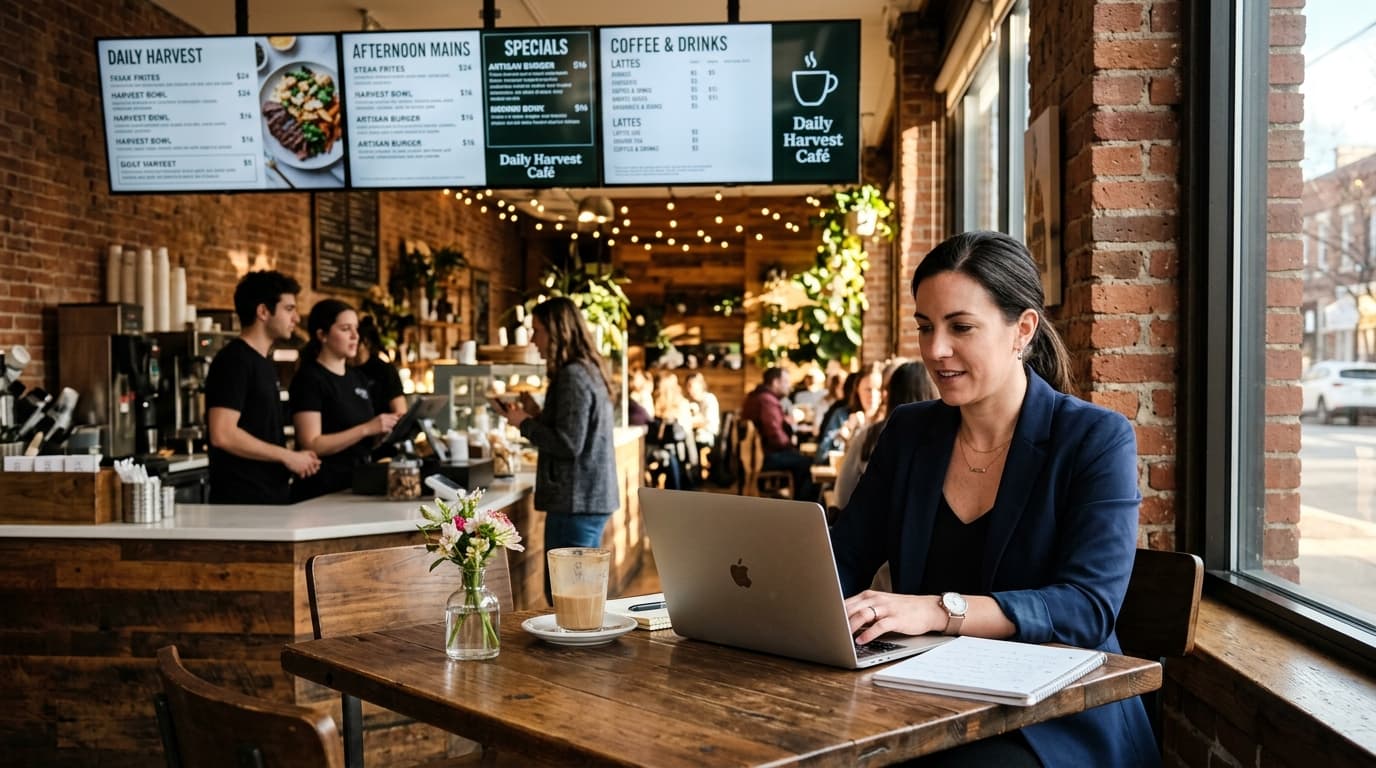 Restaurant manager updating a menu price on a laptop with menu boards behind