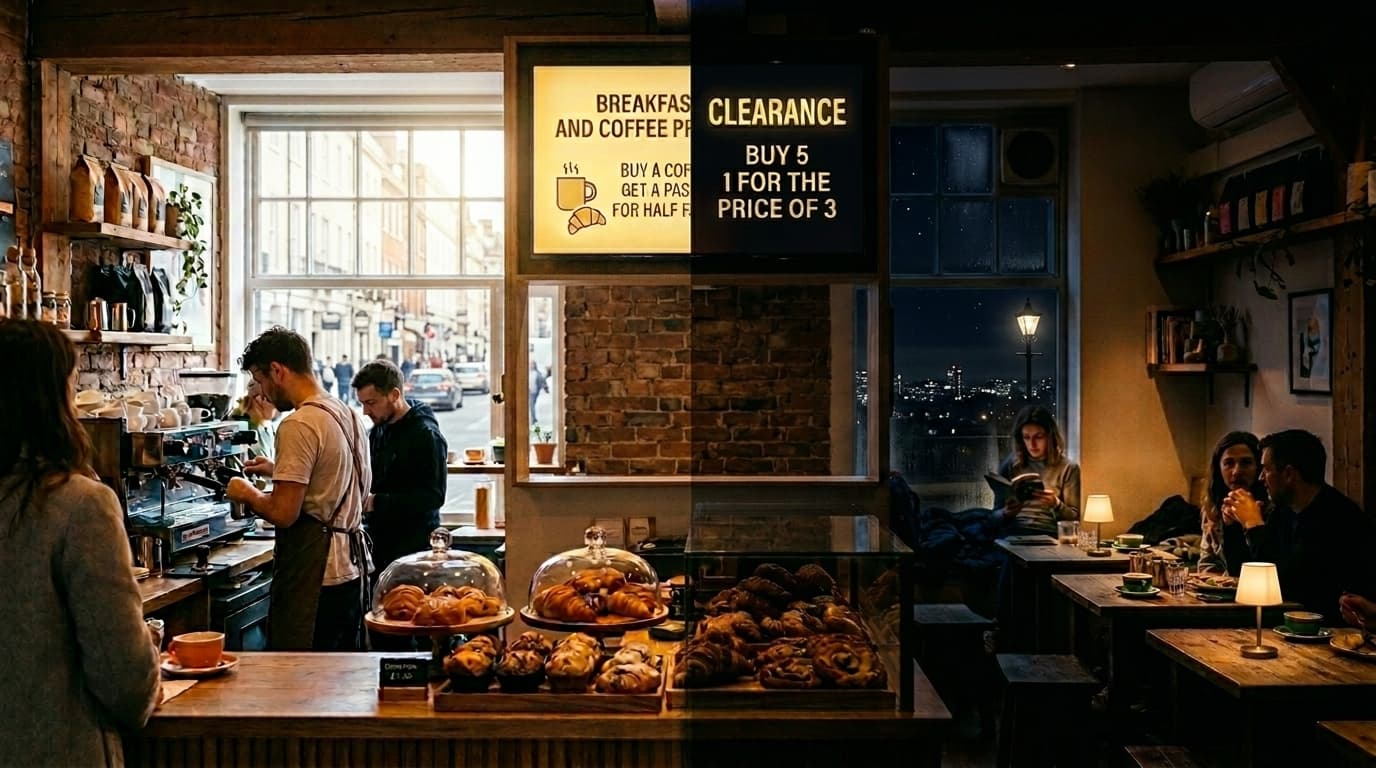 Café menu board switching between breakfast and dinner menus by daypart