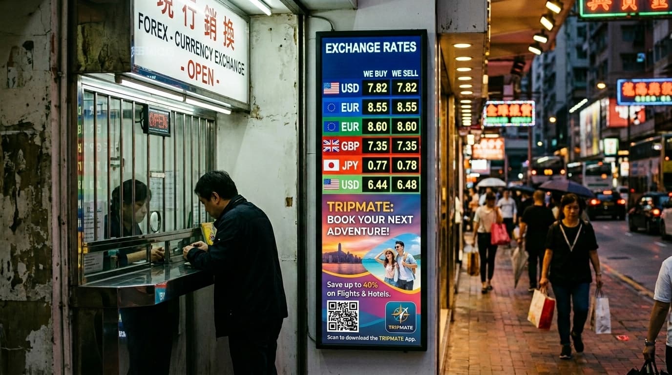 Tall portrait rate board beside promotional screens at a money changer