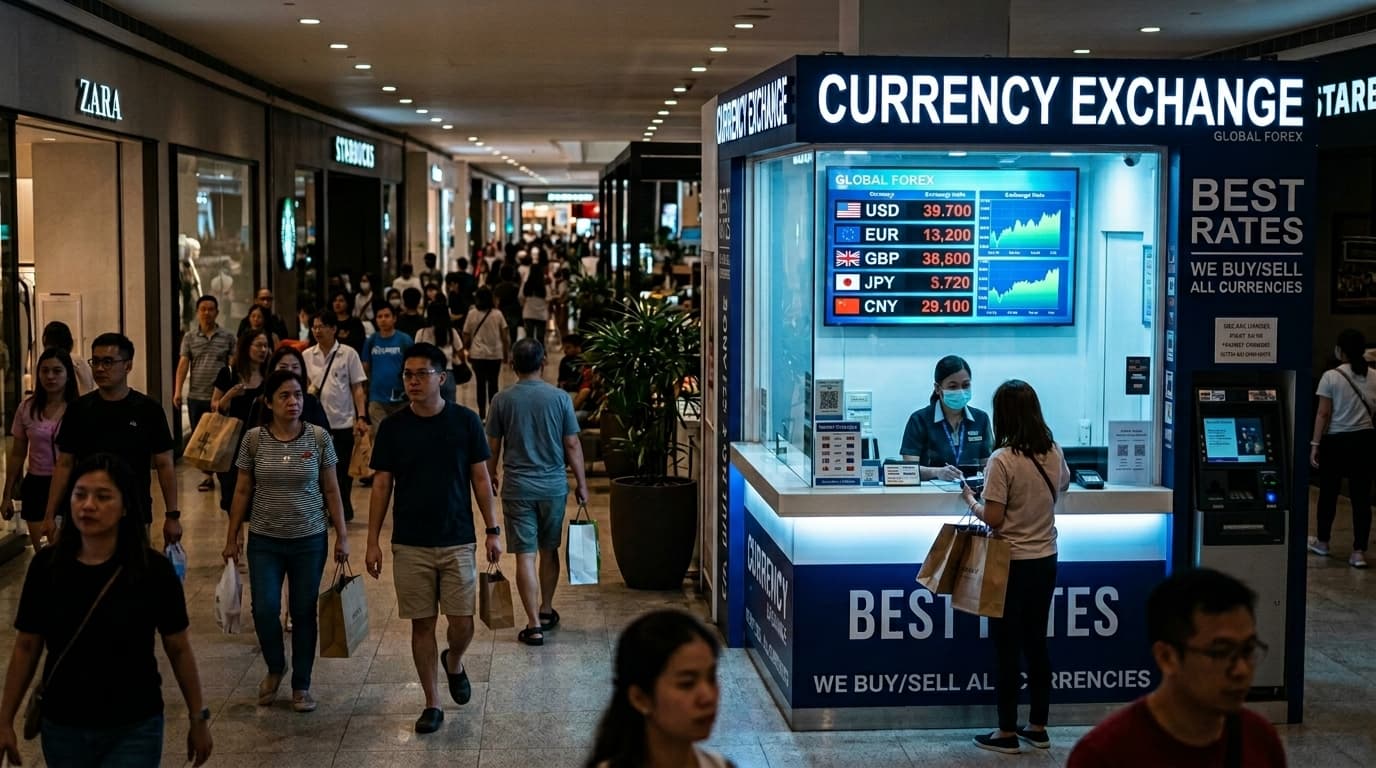 Digital exchange-rate board staying lit at a money changer booth