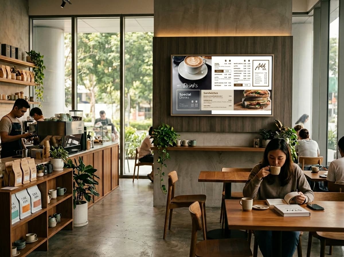 Café wall TV running a digital menu board, one screen at one monthly price