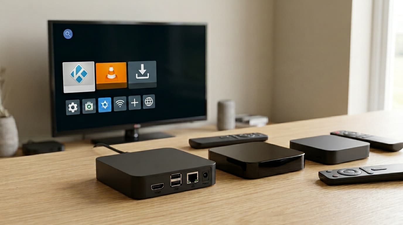 Pile of unbranded Android TV boxes and tangled cables to avoid for signage