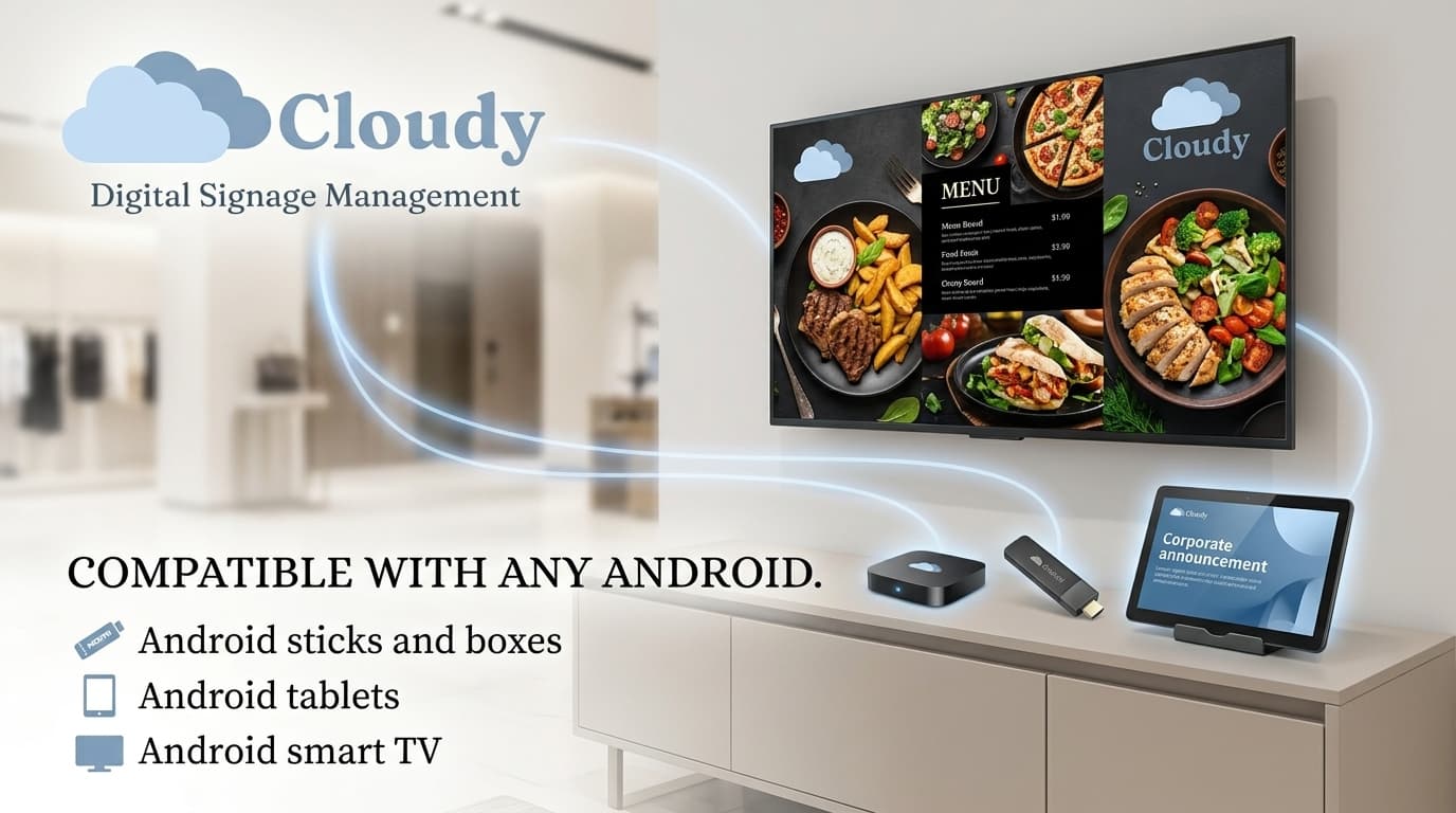Android TV stick, signage box, tablet and remote, the hardware that runs Cloudy